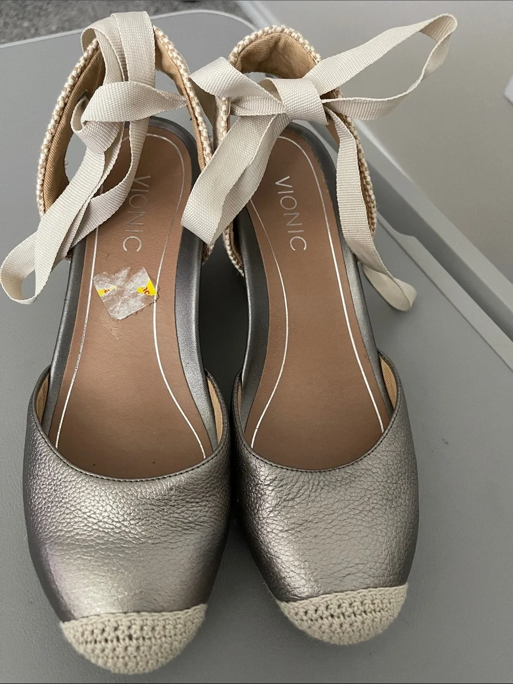 Vionic Metallic Silver Espadrille Wedge Sandals with Cream Ankle Ties